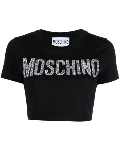 Moschino T-shirt crop à logo strassé - Noir