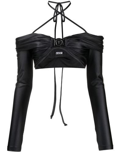 Versace Jeans Couture Logo-plaque Long-sleeved Crop Top - Black