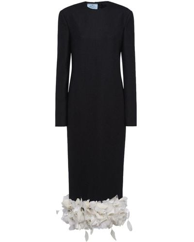 Prada Floral-appliqué Wool Midi Dress - Black