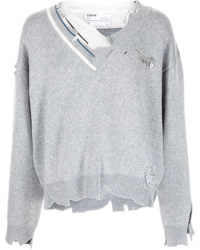 C2H4 Distressed-knit Layered Jumper - Grey