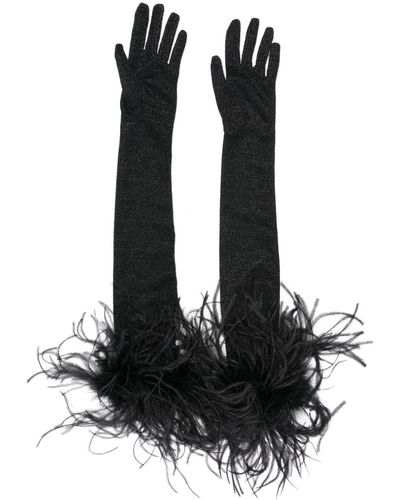 Oséree Feather-detail Long Gloves - Black