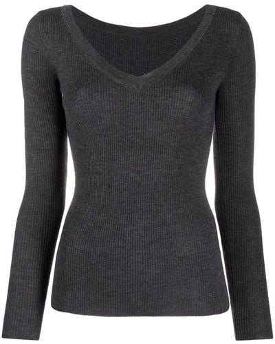 P.A.R.O.S.H. V-neck Ribbed Knitted Top - Gray