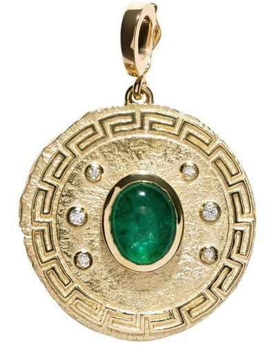Azlee 18kt Yellow Gold Large Greek Emerald And Diamong Coin Pendant - Metallic