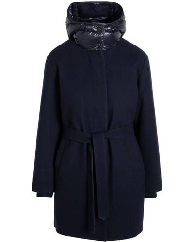 Norwegian Wool Belted-waist Hooded Coat - Blue
