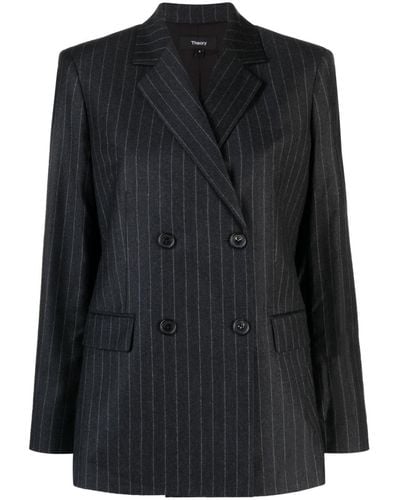 Theory Double-breasted Slim Blazer In Sleek Pinstripe Flannel - Black