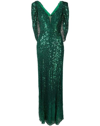 Jenny Packham Plunge-neck Sequinned Gown - Green