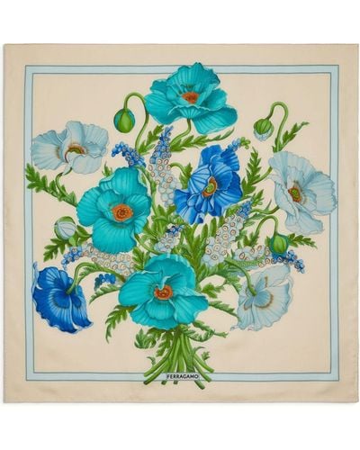 Ferragamo Foulard en soie à fleurs - Bleu