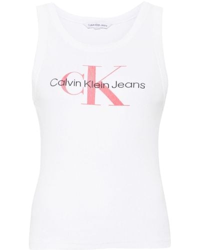 Calvin Klein Geripptes Tanktop mit Logo-Print - Weiß
