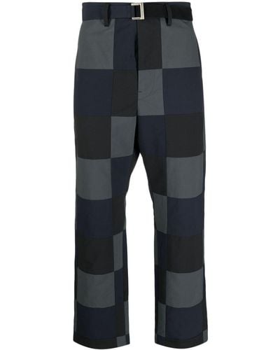 Sacai Checkerboard-print Cotton Chino Trousers - Blue