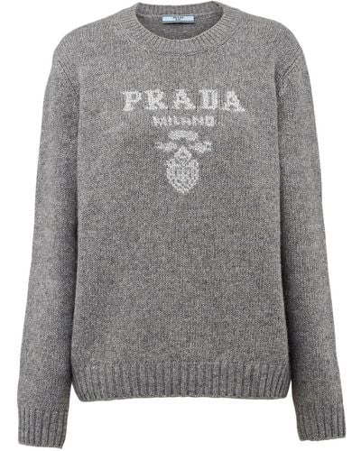 Prada Logo-intarsia Lamé Cashmere Sweater - Grey
