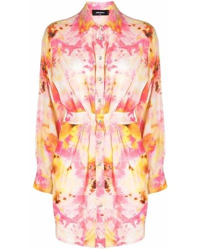 DSquared² Tie-dye Print Fitted-waist Shirt Dress - Pink