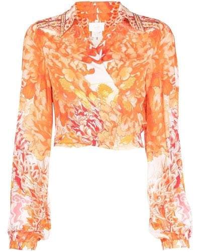 Camilla Floral-print Silk Wrap Shirt - Orange