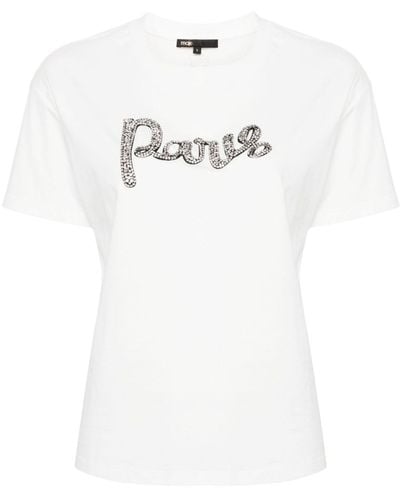 Maje Crystal-lettering Cotton T-shirt - White