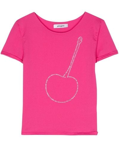 GIMAGUAS Cherry Shiny Rhinestone-embellished T-shirt - Pink
