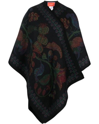 La DoubleJ Botanical-print Wool Poncho - Black