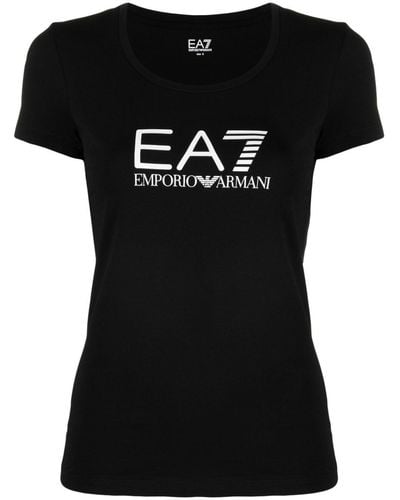 EA7 T-shirt en coton stretch à logo imprimé - Noir