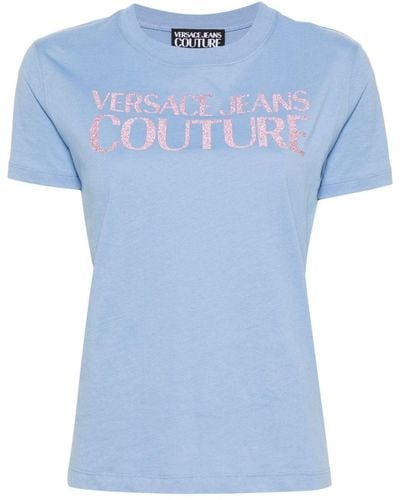 Versace T-shirt en coton à logo pailleté - Bleu
