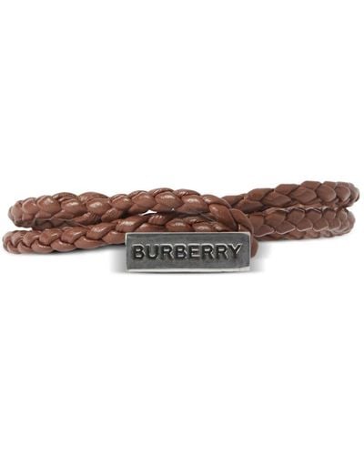 Burberry Engraved-logo Braided Leather Bracelet - Brown