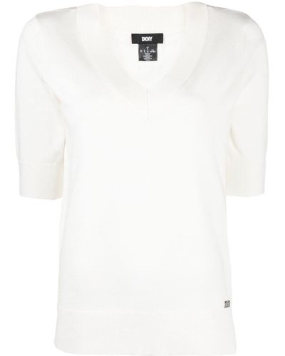 DKNY Kurzärmeliger Pullover mit V-Ausschnitt - Weiß