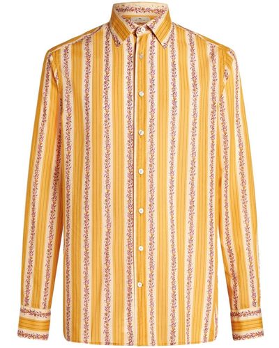 Etro Floral-print Striped Cotton Shirt - Yellow