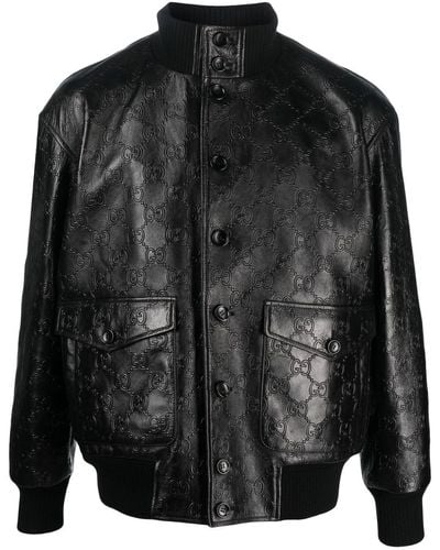 Gucci Veste en cuir à motif monogrammé - Noir