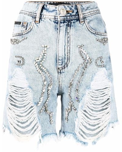 Philipp Plein Jeans-Shorts im Destroyed-Look - Blau