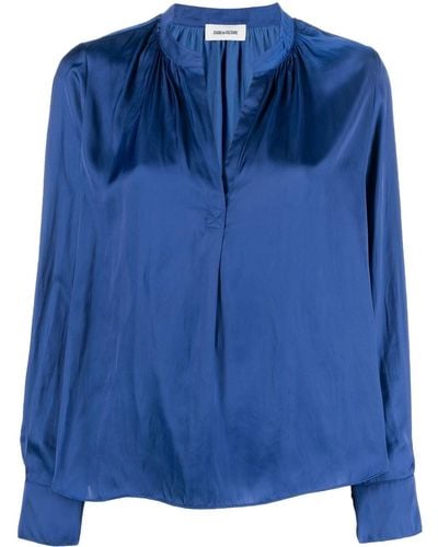 Zadig & Voltaire Tink Band-collar Satin-finish Blouse - Blue