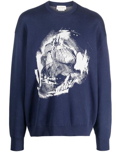 Alexander McQueen Skull Graffiti Jacquard-knit Jumper - Blue