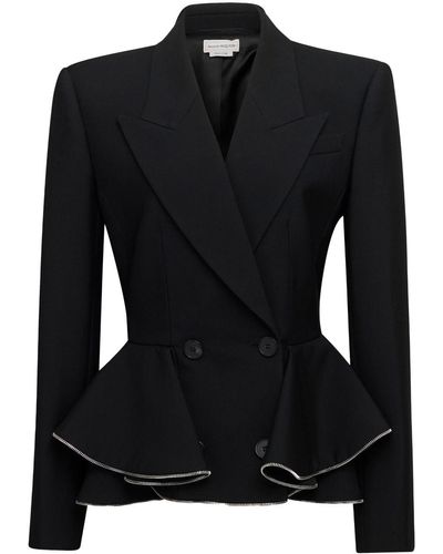 Alexander McQueen Zipped Peplum Double-breasted Blazer - Black