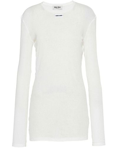 Miu Miu Geripptes Jerseykleid mit Logo-Patch - Weiß