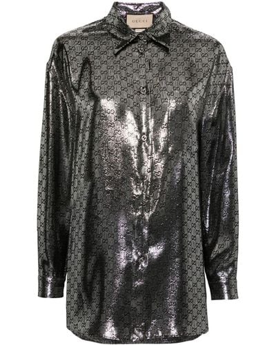 Gucci GG Lamé-Hemd aus Seidenkrepp - Grau