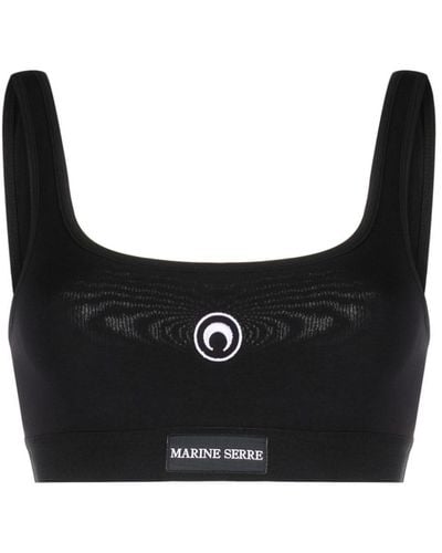 Marine Serre Logo-patch Scoop-neck Cotton Bra - Black