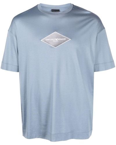 Emporio Armani T-shirt en coton mélangé à logo brodé - Bleu