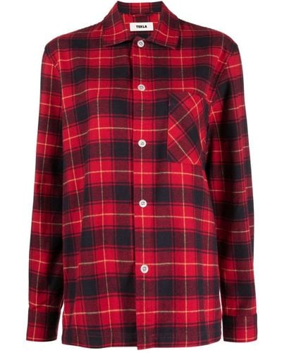 Tekla Checked Flannel Pajama Shirt - Red