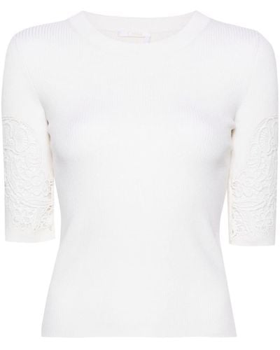 Chloé Lace-panelled Ribbed-knit T-shirt - White