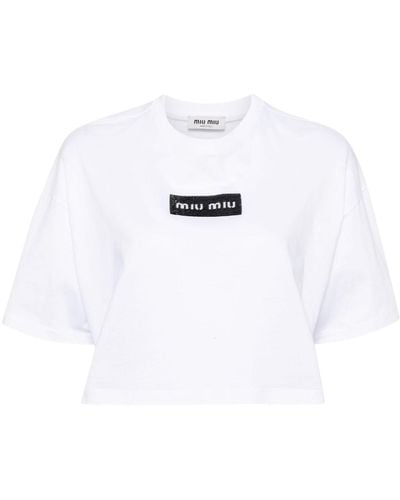 Miu Miu T-shirt crop à logo strassé - Blanc