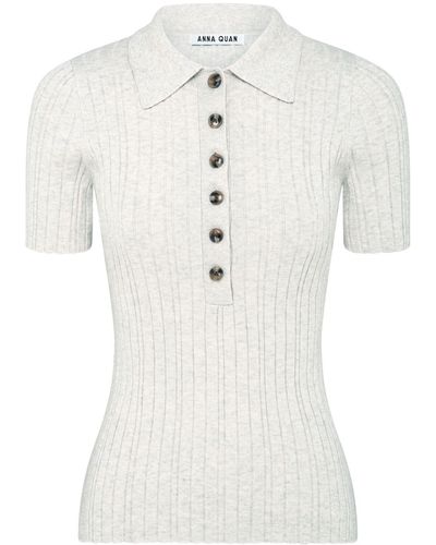 Anna Quan Zora Ribbed-knit Cotton Polo Top - White