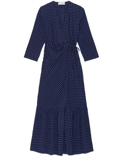 Ganni Gingham-check Pattern Wrap Midi Dress - Blue