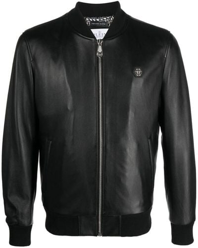 Philipp Plein Bomber Leather Jacket - Black