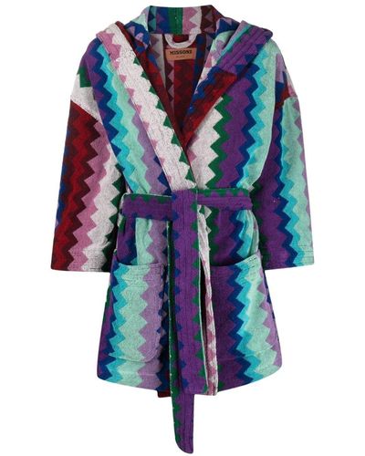 Missoni Zigzag-design Hooded Robe - Blue