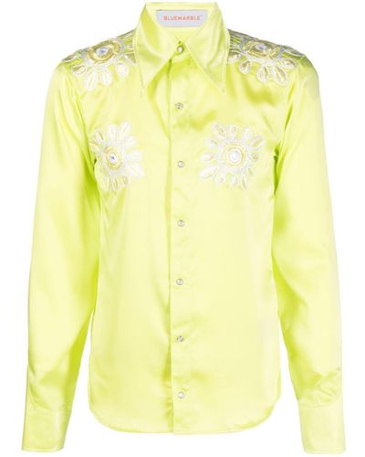 Bluemarble Floral-embroidery Satin Shirt - Yellow