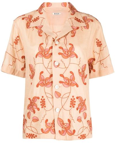 Bode Bougainvillea Floral-embroidered Cotton Shirt - Pink