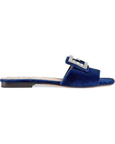 Gucci Velvet Slides With Crystal G - Blauw