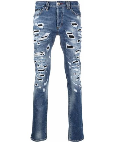Philipp Plein Jeans dritti effetto vissuto - Blu