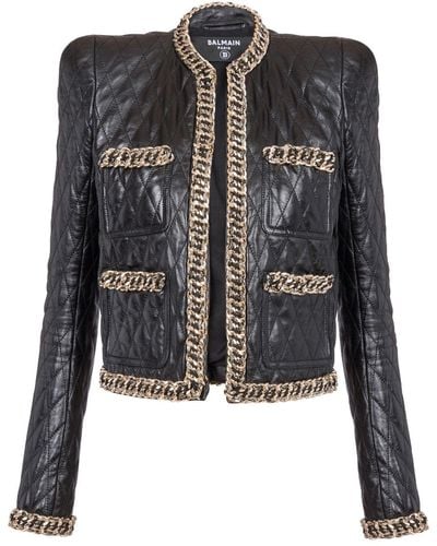Balmain Chain-Detail Quilted Leather Jacket - Black