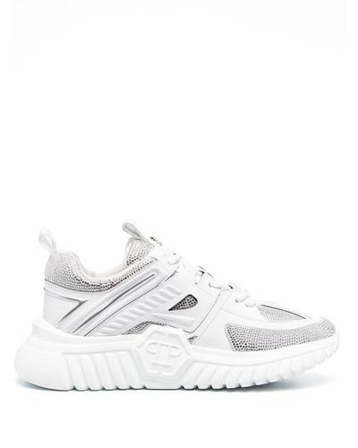Philipp Plein Leather Rhinestone-embellished Runner Sneakers - White