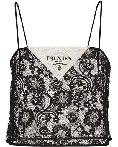 Prada Floral-embroidered Lace Top - Gray