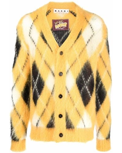 Marni Yellow Brushed Argyle-knit Cardigan