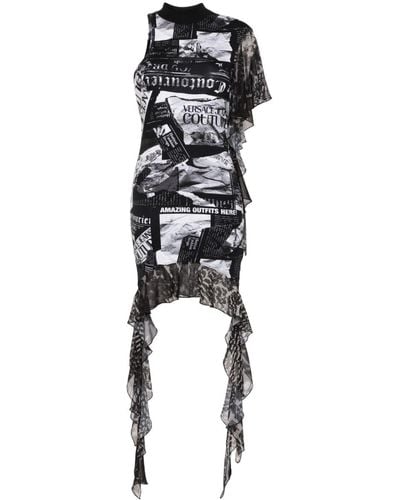 Versace Magazine-print Asymmetric Mini Dress - Black