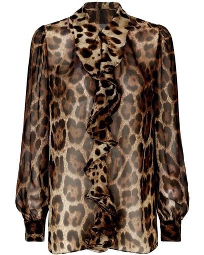 Dolce & Gabbana Camisa de chifón con estampado de leopardo con volantes - Marrón
